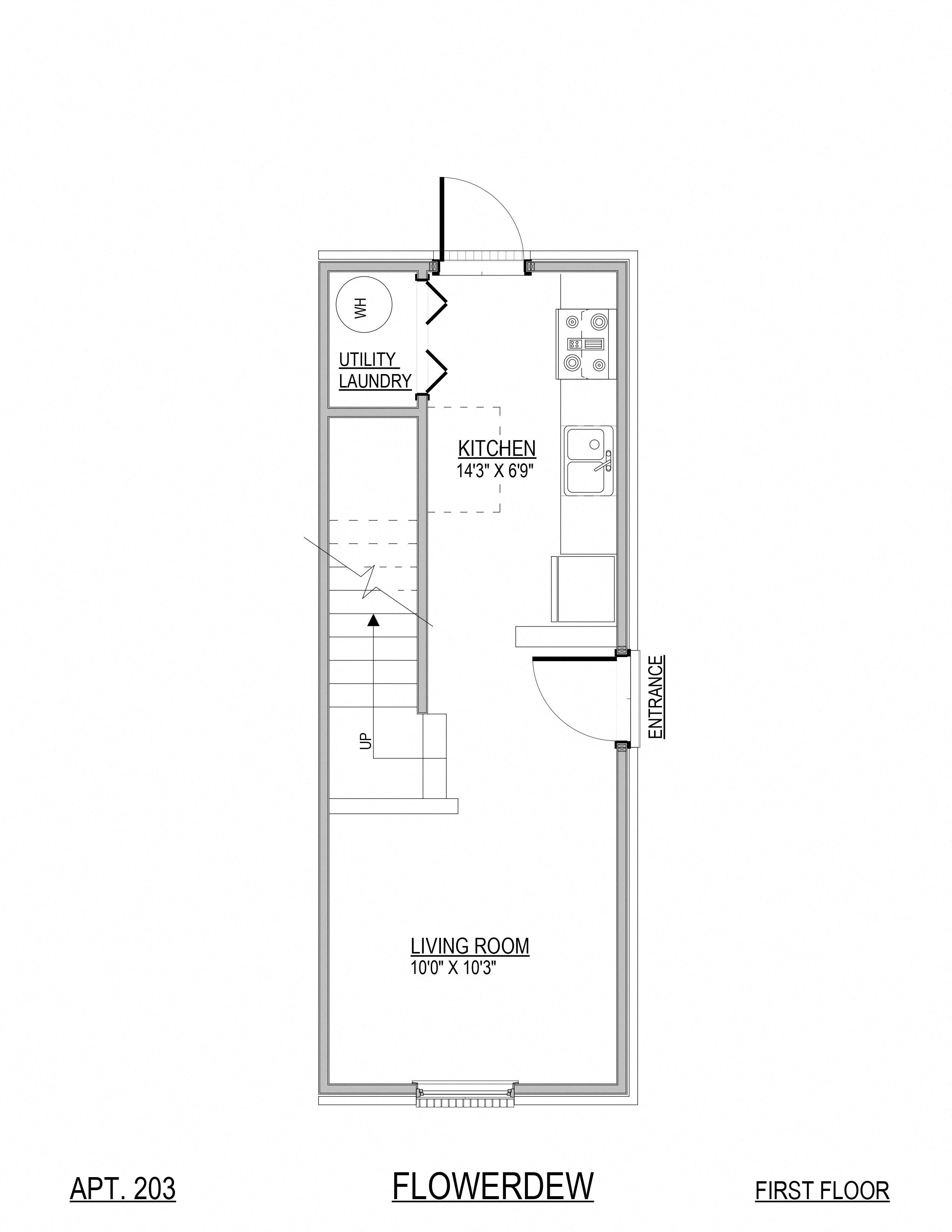 Floor plan for 1 bed, 1 bath, 609 sqft